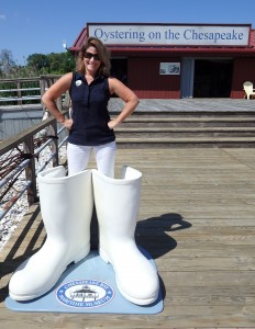 Standing in oversized white boots is Natalie Cosentino-Manning, from the Russian River Habitat Focus Area.