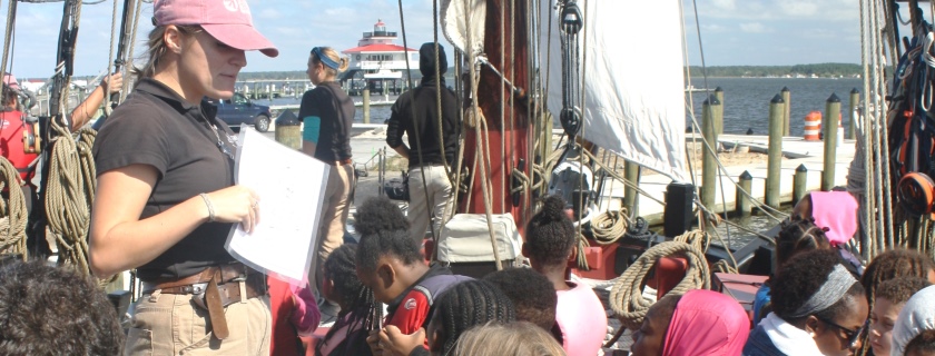 Educators on board the Sultana introduce students from Dorchester County, Maryland, to the Choptank River.