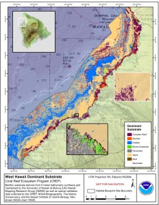 Benthic habitat map that depicts the dominant seafloor type in the 0–150 meter depth range along the WHHFA.