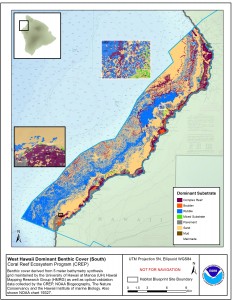 A benthic habitat map depicts the dominant seafloor types, from the shore to 150 meters in depth, along the West Hawai'i.