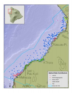 Boundaries of the West Hawaiʻi Habitat Focus Area (line), and location of the project's optical surveys. Surveys in red were collected by the contributing data providers, and surveys in blue were collected by NOAA scientists.