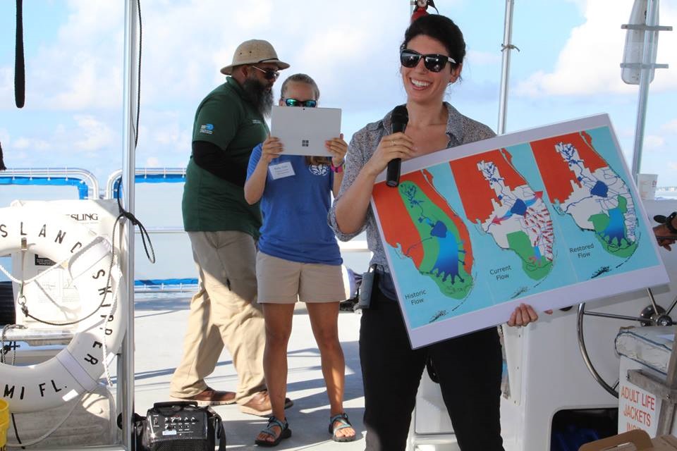 Miami Waterkeeper’s Executive Director, Rachel Silverstein, leads a boat tour for elected officials and community leaders on Biscayne Bay.