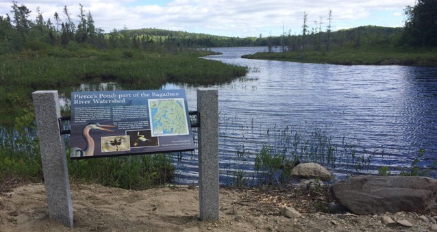 Interpretive panel at Pierce’s Pond in the Bagaduce Watershed. A nature-like fishway was recently installed to restore alewife passage into the pond. Credit: Catherine Schmitt (Maine Sea Grant).