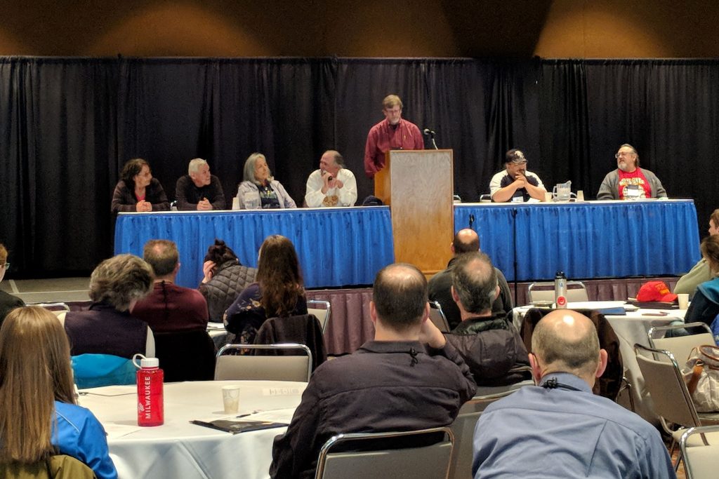 A photo of members participating in the Elders Panel discussion at the 2018 Manoomin Workshop in Duluth, Minnesota. Credit: NOAA Fisheries, Heather Stirratt