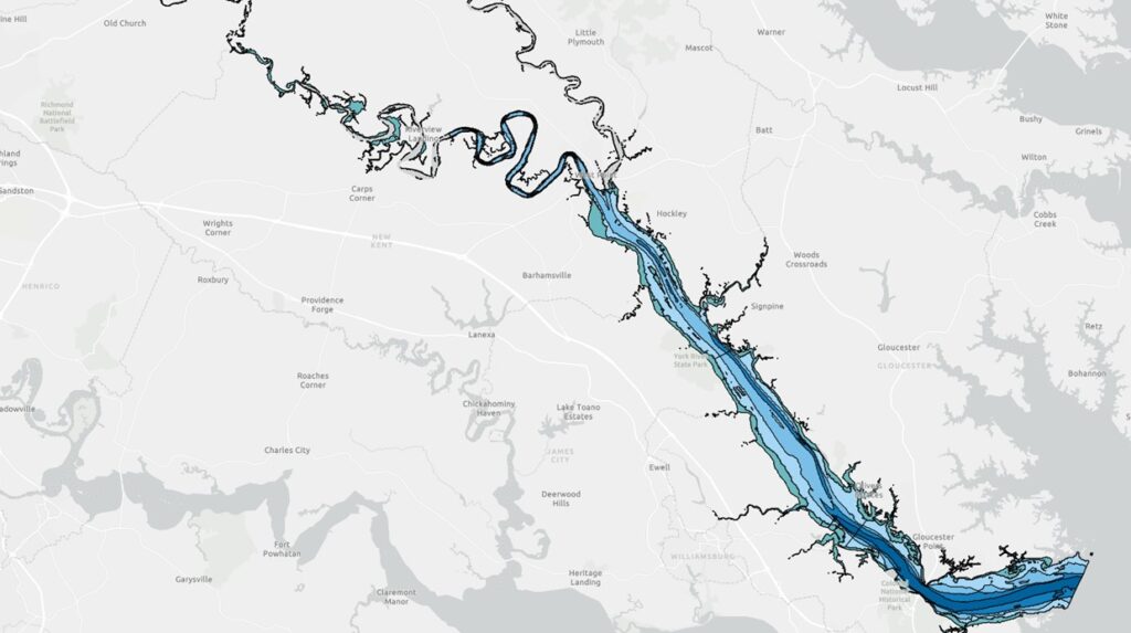 A map shows the different habitat areas in the York River, Virginia